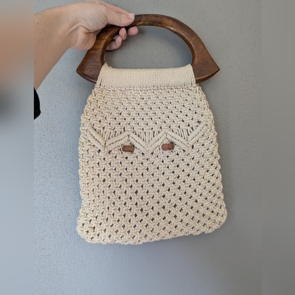 Handcrafted Cream Crochet Bag with Wooden Handles